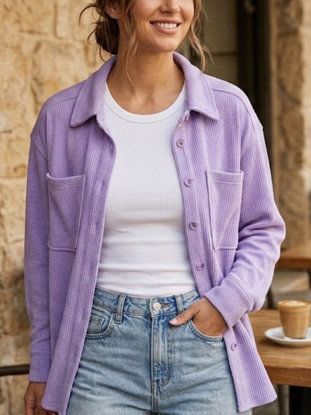 new in Lavender Oversized Ribbed Knit Button-Front Sweater Shirt S